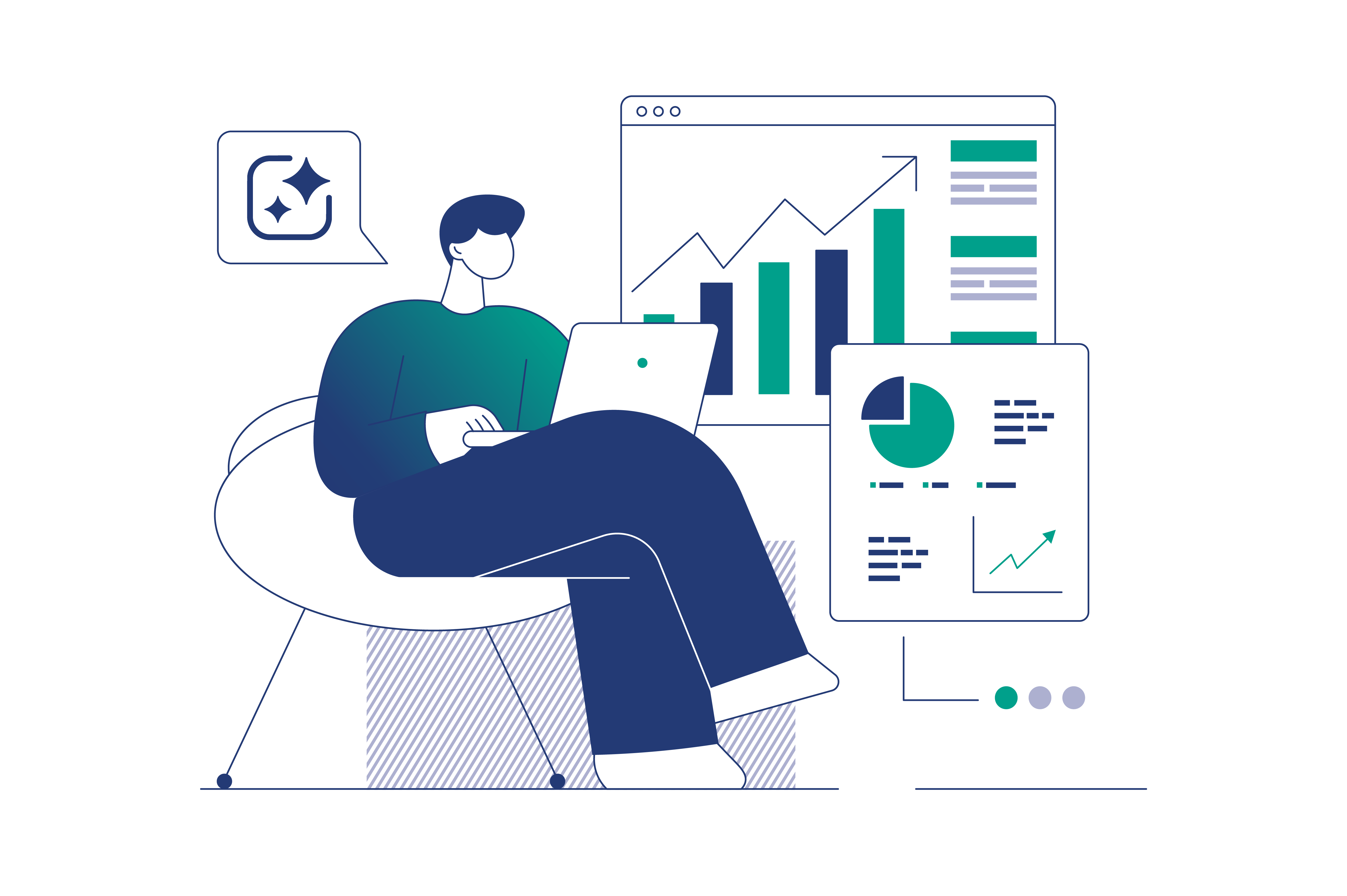 Illustration: a person reviewing data dashboards