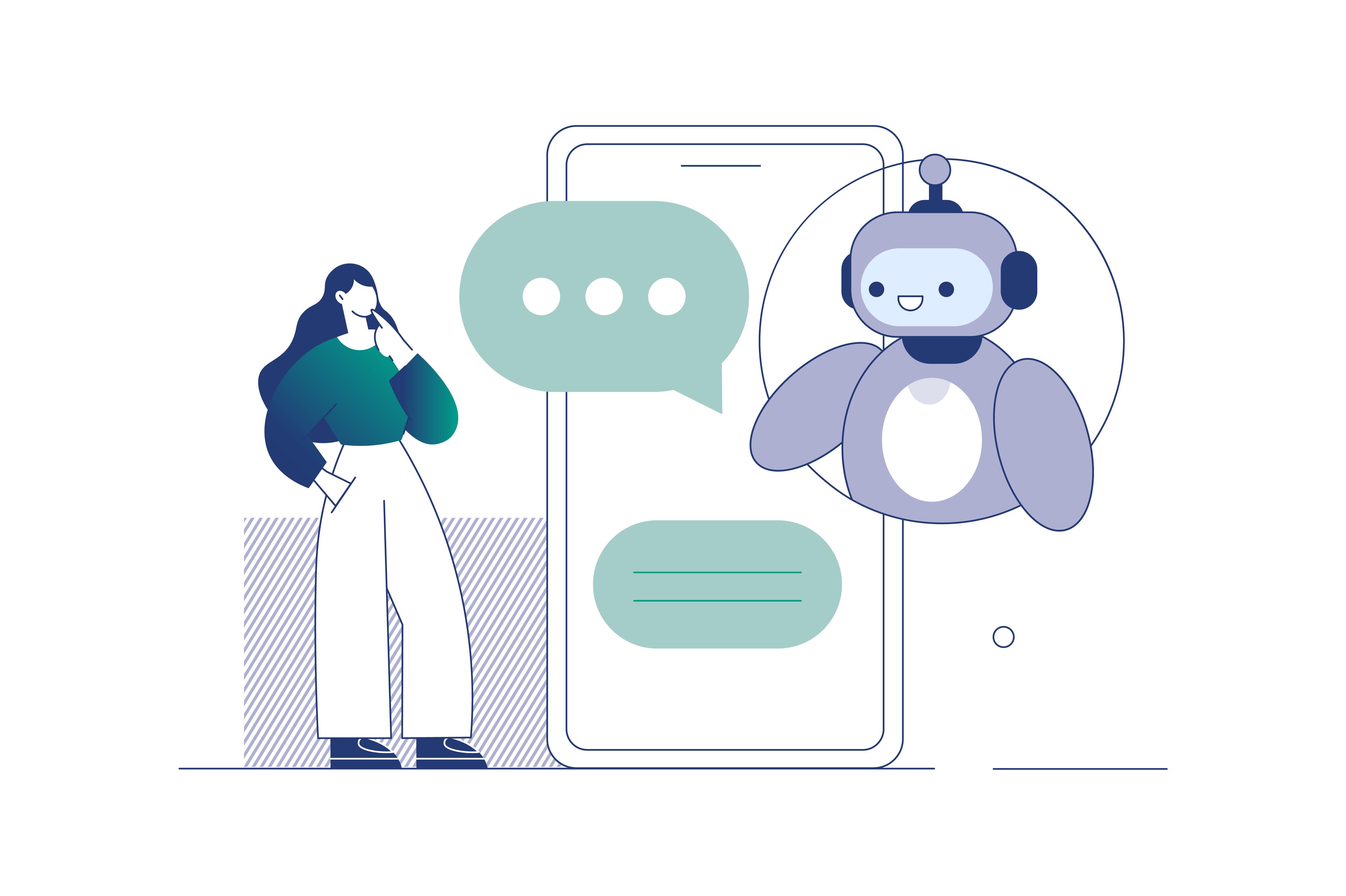 Illustration: a person and an AI assistant on a phone screen